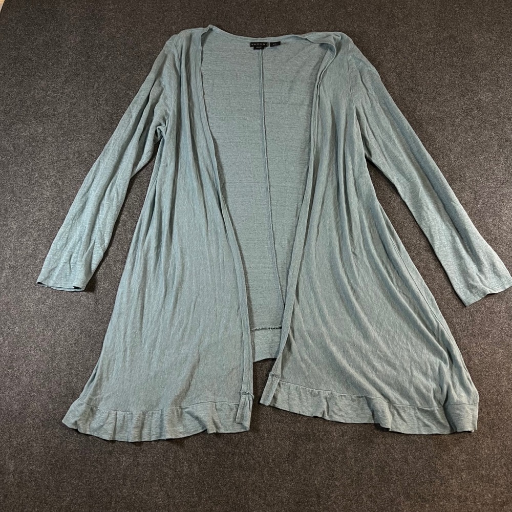 Tahari 100% Linen Open Front Cardigan Ruffle Hem Longline Sage Blue XL